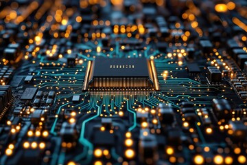 Obraz premium Advanced microchip technology actively processing data in a modern circuit board during a late-night innovation session