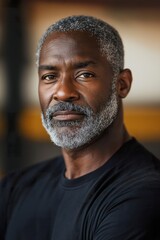 A mature man with salt-and-pepper hair engaging in fitness activities, showcasing strength and resilience in a gym setting