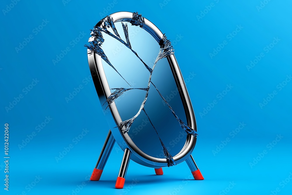 Poster Minimalist icon of a cracked mirror, symbolizing the reflection of past mistakes with simple lines and abstract shapes