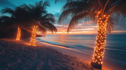Two palm trees decorated with string lights on a beach at sunset.