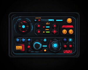Fototapeta premium Vibrant RetroFuturistic Control Panel Illustration Featuring Colorful Buttons and Dials in a Flat Design Style for Creative Projects and SciFi Themes