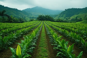 Fototapeta premium A lush green field of crops extends towards a mountain range under a cloudy sky.