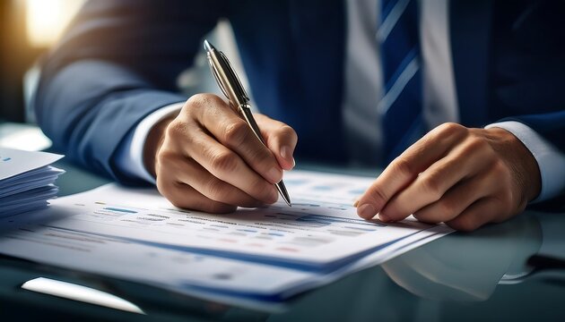 Auditor meticulously reviewing financial statements while highlighting key details during a company assessment. Generative AI