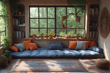 A cozy reading nook with a large window, a blue futon, and a patterned rug.