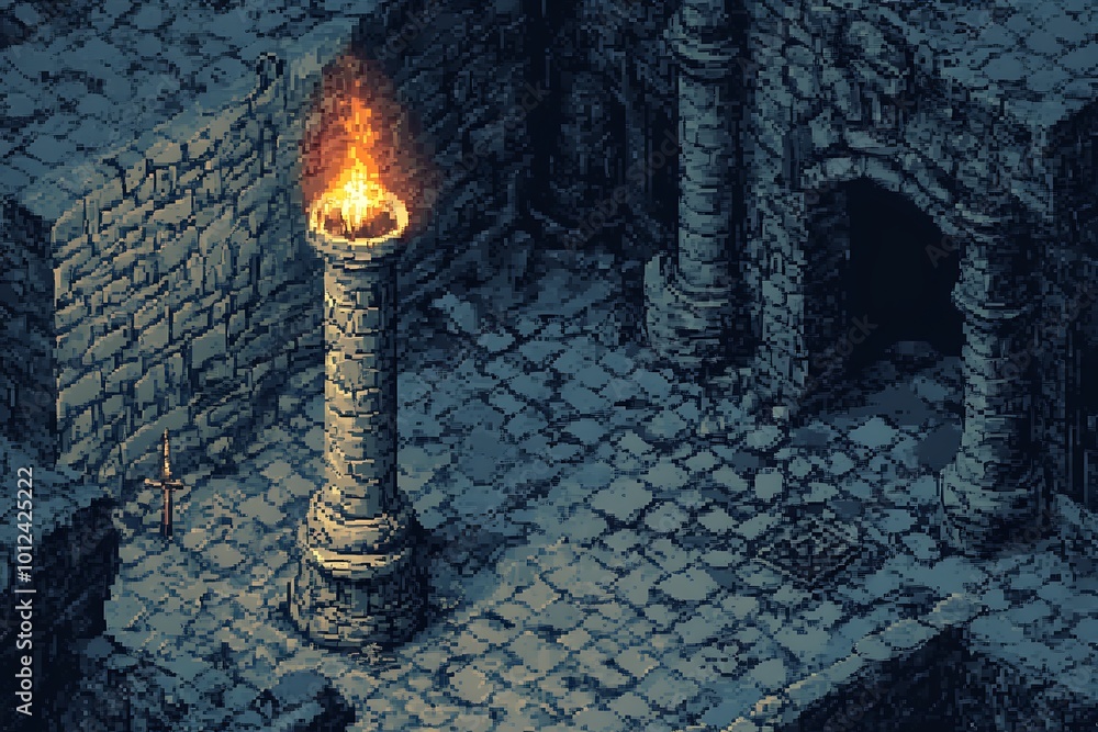 Poster top down view of a stone torch in a dark dungeon with stone walls and cobblestones