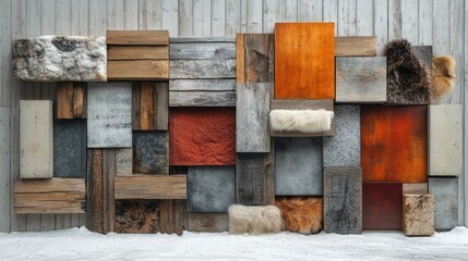 A wall of different materials in a variety of colors and textures, including wood, stone, fur, and metal.
