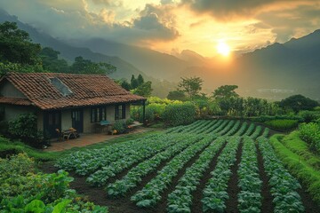 A quaint farmhouse nestled in a valley at sunset, surrounded by lush green fields.
