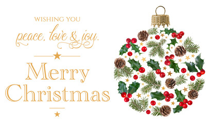 Weihnachtskugel aus Tanne, Ilex und Lärchenzapfen mit Weihnachtsgrüßen, freigestellt