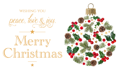 Weihnachtskugel aus Tanne, Ilex und Lärchenzapfen mit Weihnachtsgrüßen, freigestellt