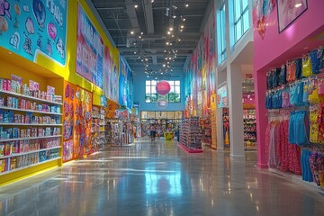 A brightly colored, modern toy store interior with shelves full of toys and colorful walls.