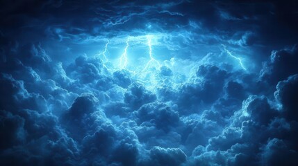 dramatic lightning striking amidst a deep blue sky highlighting stormy weather with dynamic clouds creating an atmospheric backdrop evoking a sense of awe and power