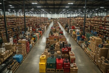 A wide shot of a large warehouse filled with inventory and shelves.