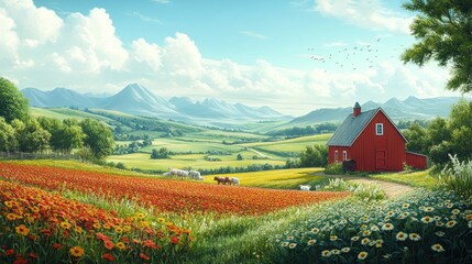 A red farmhouse sits amidst rolling green hills with vibrant flowers in the foreground, a picturesque rural landscape with a peaceful and serene atmosphere.