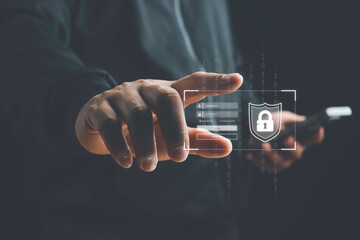Cyber security and data protection on internet. Person touching virtual shield, secure access, encrypted connection. Password protected system and storage. Cybersecurity technology.