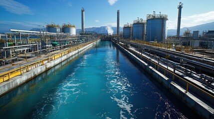 Industrial complex with a channel of water running through it.