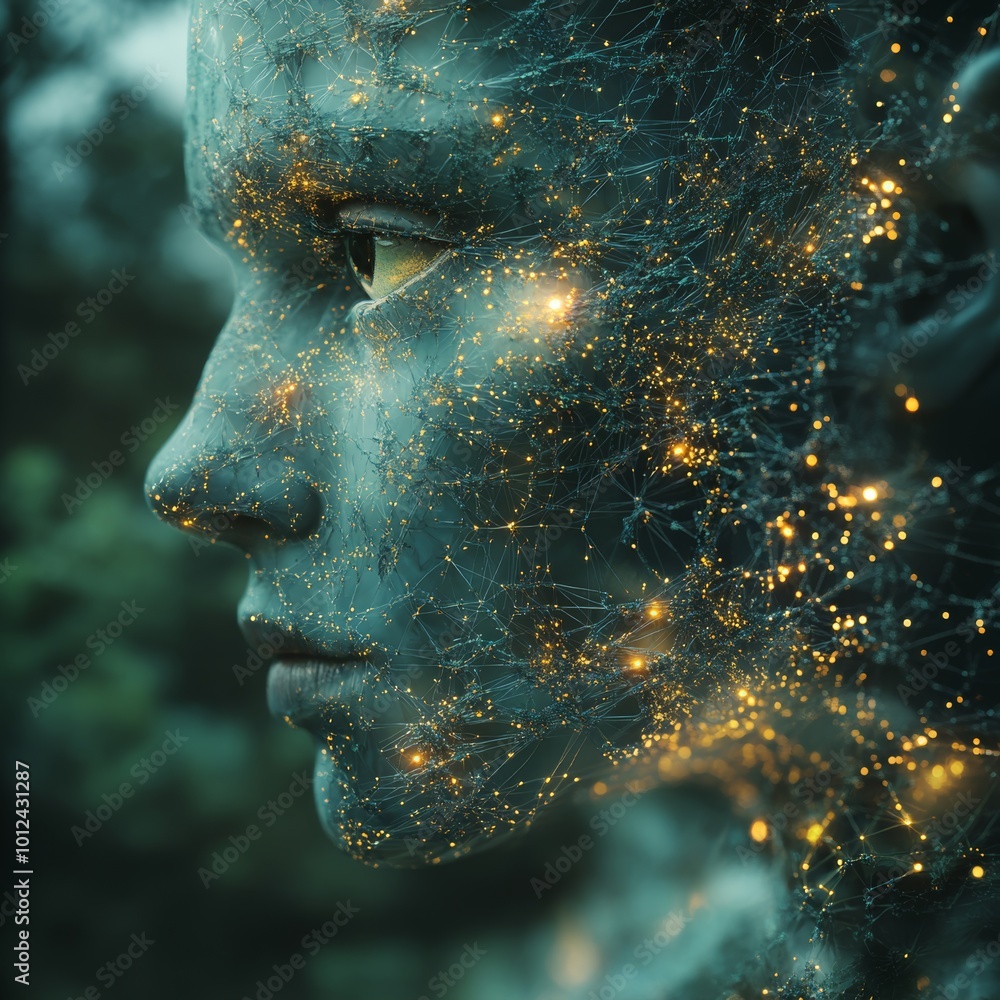Poster abstract digital portrait with connected lines and glowing points