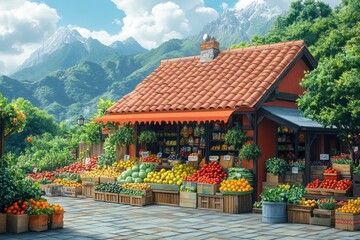 Fototapeta premium A charming little produce stand with fresh fruits and vegetables in front of a red cottage against a backdrop of mountains.