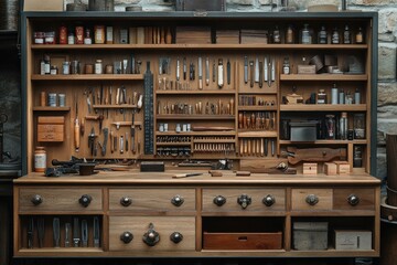 A well-organized woodworking workbench with drawers and shelves filled with tools.