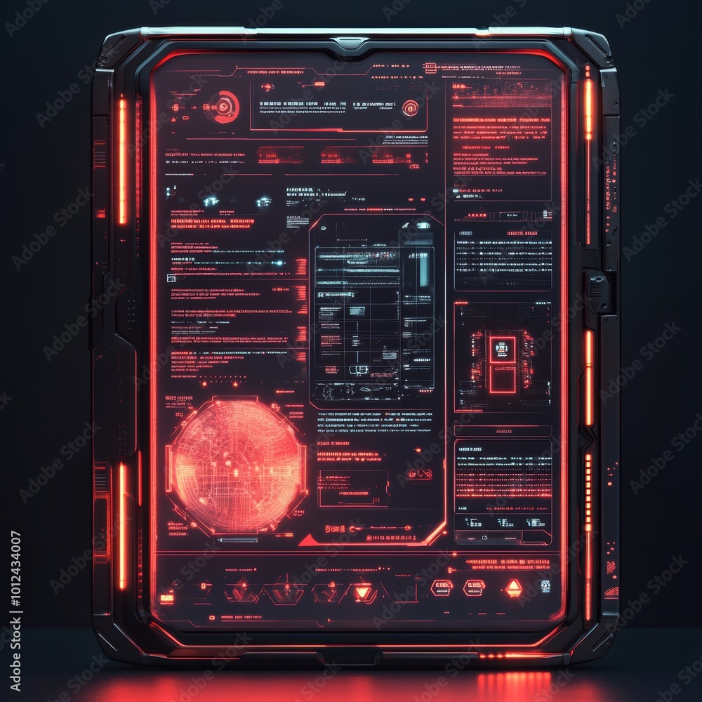 Poster futuristic hud interface with red lights and digital data displays