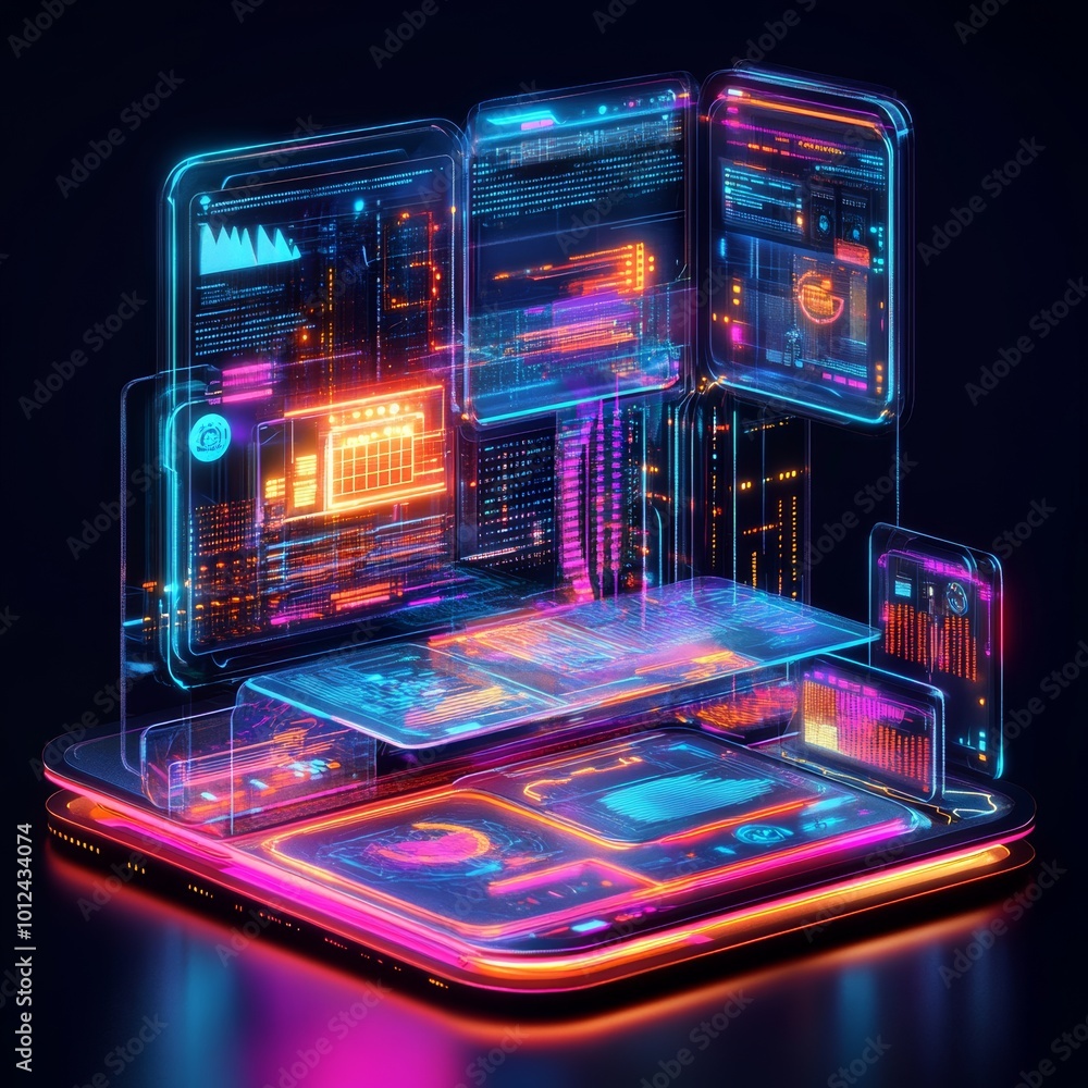 Aufkleber futuristic tech interface with neon lights and data displays