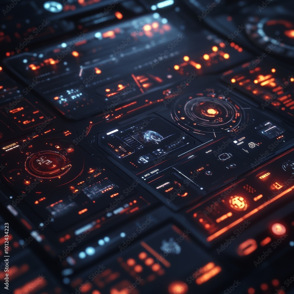 Poster futuristic interface design sci fi hud elements with glowing orange lights