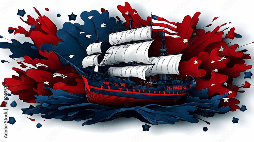 Wall mural Sailing Ship with American Flag and Red, White, and Blue Splashes