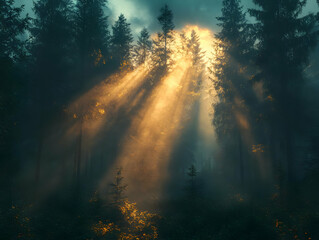 Fototapeta premium Misty Forest Illustration: Sunlight Through Trees