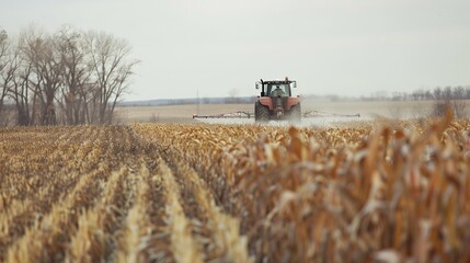 Fototapeta premium Tractor Spraying a Field of Dried Corn Stalks
