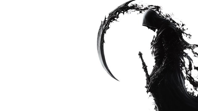 Ominous grim reaper with scythe silhouetted against misty gray background
霧がかった灰色の背景に浮かぶ大鎌を持つ不吉な死神のシルエット.Generative AI