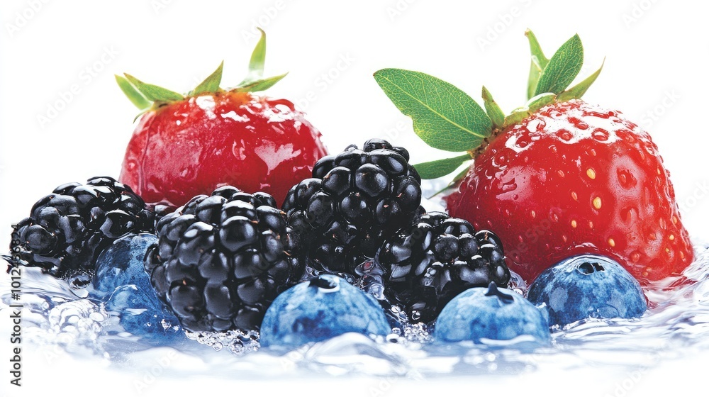 Poster Blueberries and blackberries splashing into a pool of water, droplets frozen in motion, creating a dynamic and refreshing visual of fresh fruit.