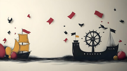 Sailing Ships with Flags and a Wheel, Nautical Illustration