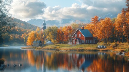 A red house sits on a lakeshore surrounded by fall foliage and a mountain in the distance.