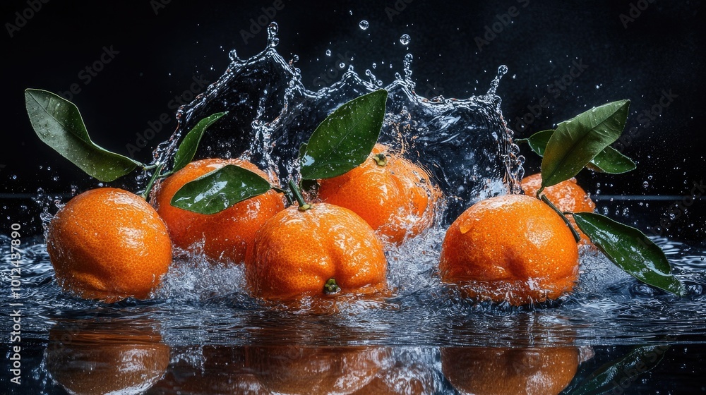 Poster bright orange tangerines splashing into a pool of water, droplets creating a refreshing scene, ideal