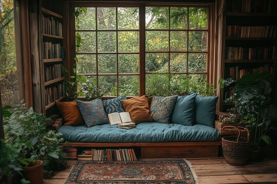Cozy reading nook with a window overlooking a lush green forest, a comfortable couch, and bookshelves filled with books.