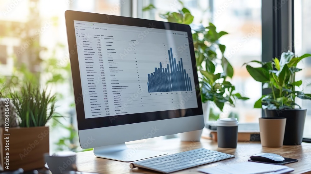 Poster a computer monitor displaying a graph with data on a desk with potted plants, a coffee cup, a keyboa