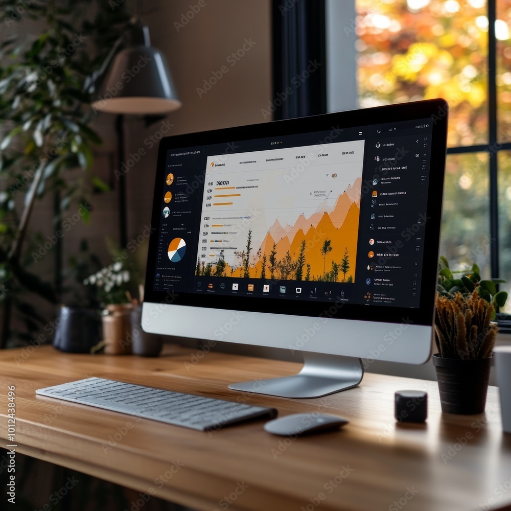 Poster modern desktop workstation with financial data and chart analysis