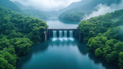Fototapeta premium A dam with water flowing over it, surrounded by lush green trees and a misty lake.