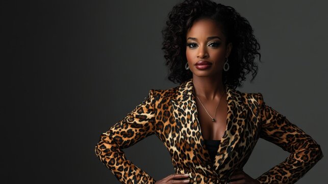 A woman in a leopard print blazer with a serious expression
