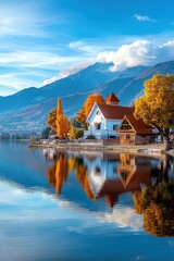 Fototapeta premium A serene autumn landscape showcasing a beautiful house by a calm lake surrounded by vibrant trees and majestic mountains under a bright blue sky.