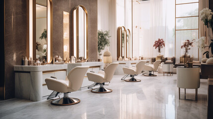 barbershop with leather chairs, wooden decor, mirrors, and warm lighting.