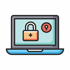 Laptop with password notification and lock icon vector illustration isolated on white, concept of security notice, personal access, user authorization note, login form icon, internet protection alert