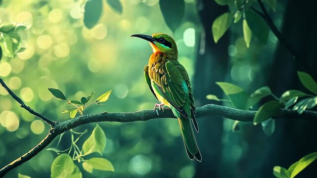 A green bee-eater perches on a branch in a lush forest, its vibrant colors standing out against the green foliage