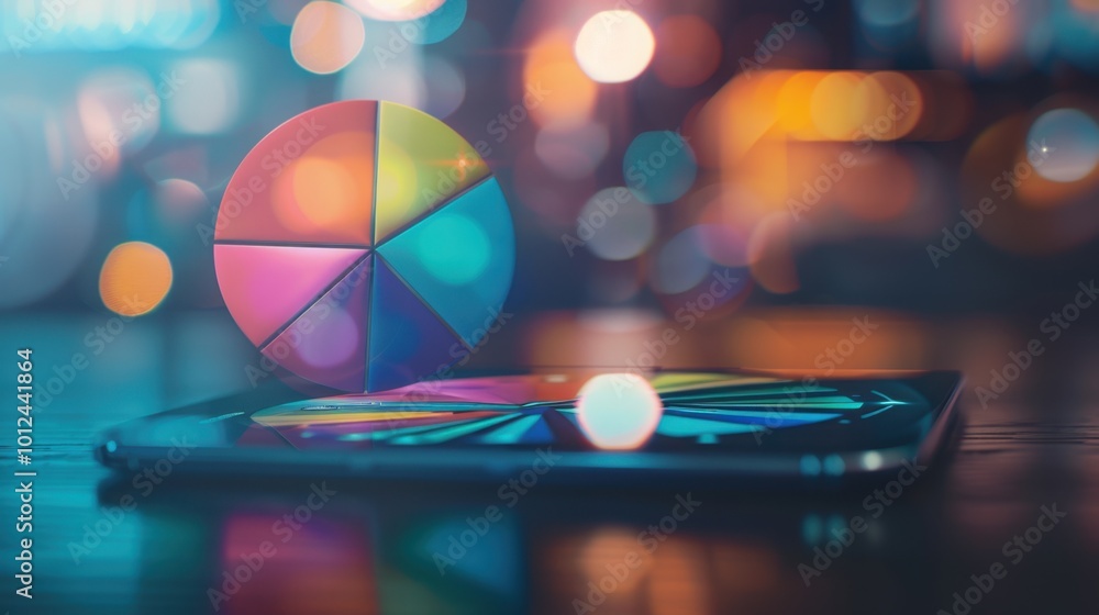 Poster colorful pie chart on digital screen with bokeh lights