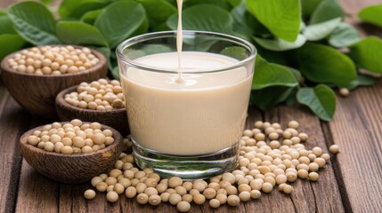 A splash of soy milk being poured into a glass, creating a smooth, creamy swirl, perfect for a healthy breakfast.