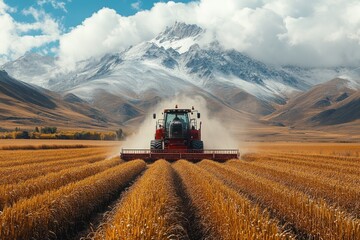 Fototapeta premium A red tractor plows a field of golden wheat with snow-capped mountains in the background.