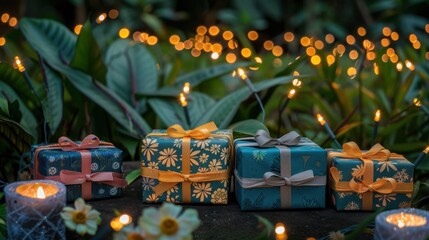 Fototapeta premium Festive Gifts Amidst Warm Glow of Holiday Lights