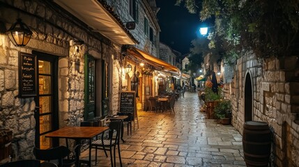 Obraz premium A narrow cobblestone street lined with restaurants and cafes in a European city at night.