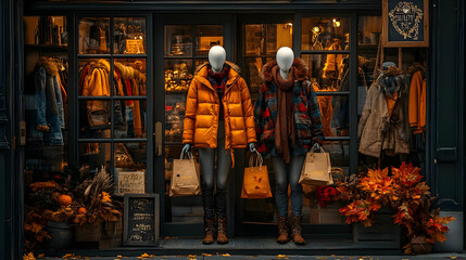 Mannequins Dressed in Fall Fashion with Bags in Front of Store