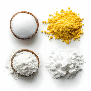 Photo of White Sugar, Yellow Sugar, Flour and Cornstarch in Bowls on White Background