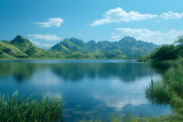 Serene Lake Reflections with Green Mountains Photo